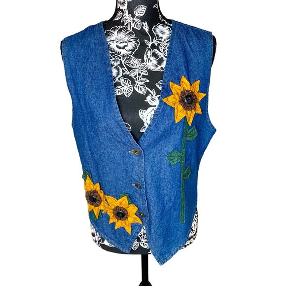 Vintage 90s Jean Vest with Sunflower Detailing - Picture 1 of 5